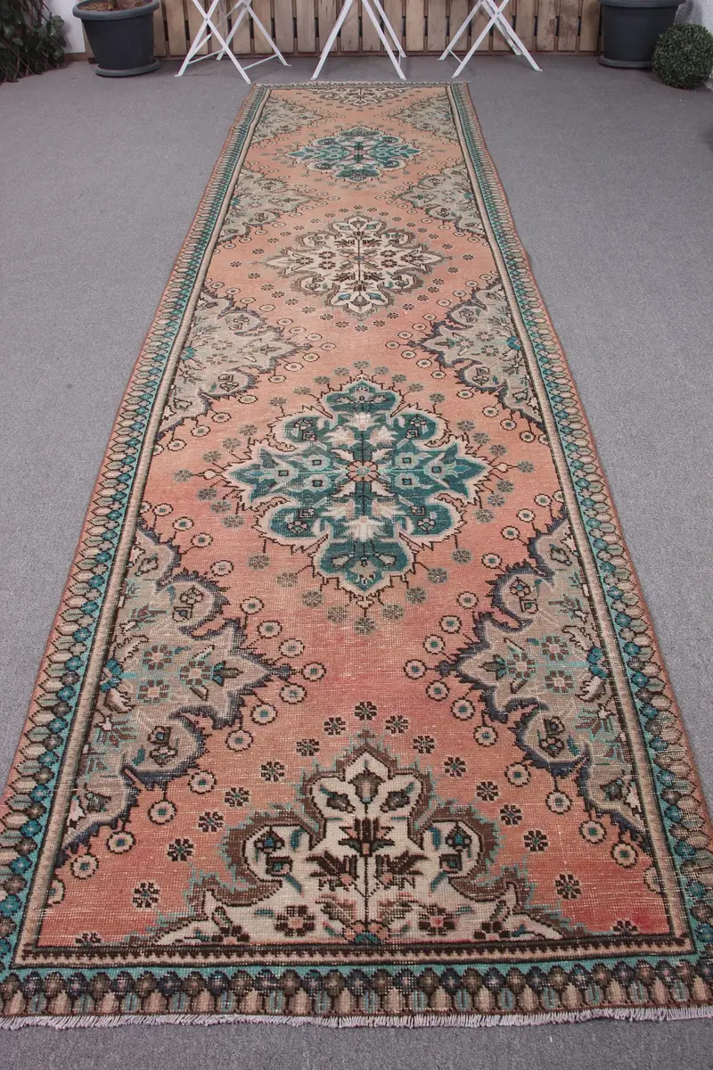 El Yapımı Turuncu Yeşil Halı, 3,1x12,9 ft Patchwork Tasarım