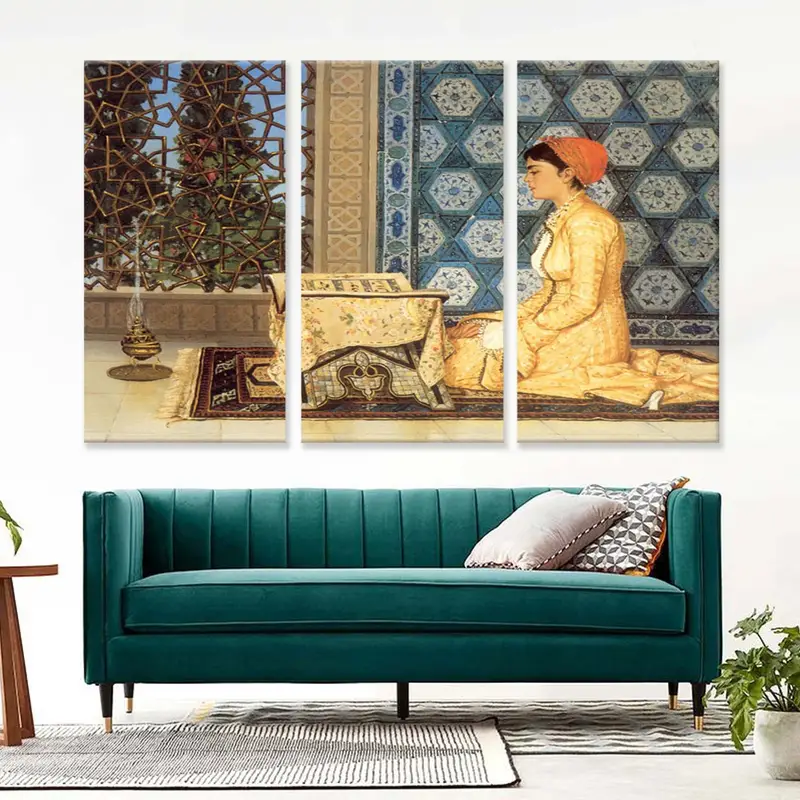 Young Woman Reading Corán, estampado Osman Hamdi, obras de arte, actriz famosa, niña lectura del Corán, arte de pared islámico, inauguración musulmana, arte de lona - 3