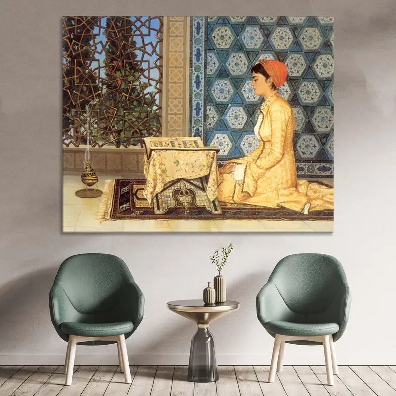 Young Woman Reading Corán, estampado Osman Hamdi, obras de arte, actriz famosa, niña lectura del Corán, arte de pared islámico, inauguración musulmana, arte de lona - 2