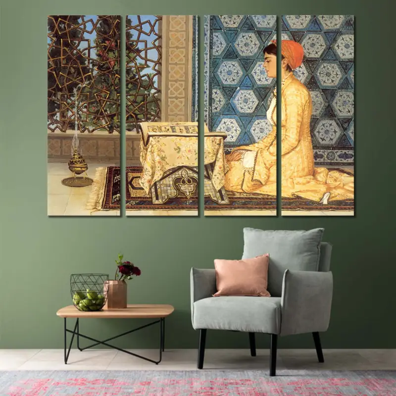 Young Woman Reading Corán, estampado Osman Hamdi, obras de arte, actriz famosa, niña lectura del Corán, arte de pared islámico, inauguración musulmana, arte de lona - 4