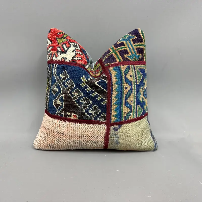 El Dokuma Kilim Kırlent, Kırmızı & Yeşil Patchwork Yastık
