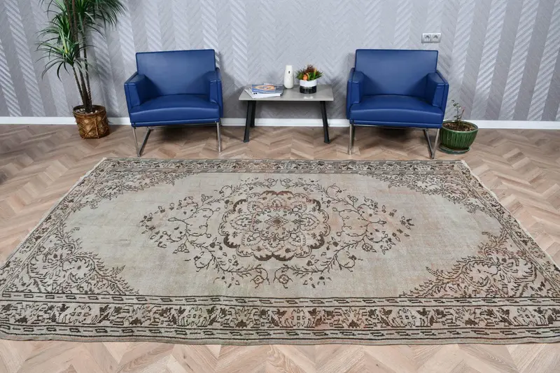 6.2x9.5 ft Halı, Türk Vintage Halısı, Kahverengi Patchwork Yün Halı - 1