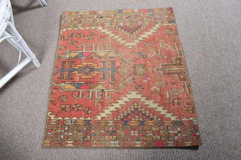 2.6x3.1 ft Small Vintage Rug, Turkish Rug, Red Blue Floral Wool Rug - 1