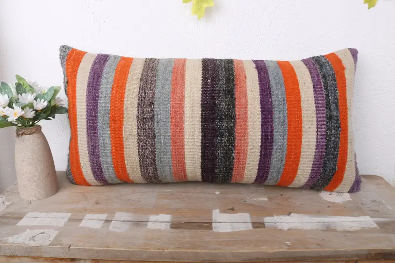 12x24 Orange Cushion Case, Home Decor Pillow, Bolster Throw Pillow Sham, Vintage Pillow, Bright Pillow Sham, Ethnical Kilim Rug Pillow, Pillow Case - 2