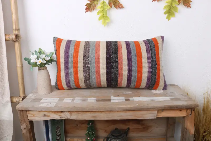 12x24 Orange Cushion Case, Home Decor Pillow, Bolster Throw Pillow Sham, Vintage Pillow, Bright Pillow Sham, Ethnical Kilim Rug Pillow, Pillow Case - 1