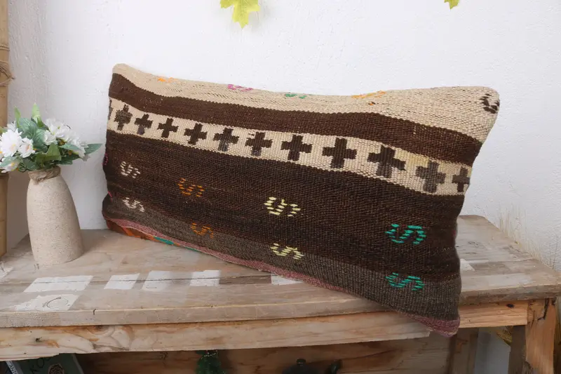 Ethnical Kilim Rug Pillow, Gift Pillow, Handwoven Cushion Cover, Boho Pillow, 12x24 Brown Cushion Cover, Turkish Corner Pillow Sham, Pillow - 4