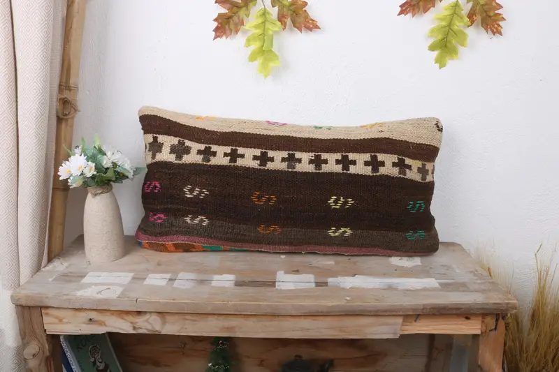 Ethnical Kilim Rug Pillow, Gift Pillow, Handwoven Cushion Cover, Boho Pillow, 12x24 Brown Cushion Cover, Turkish Corner Pillow Sham, Pillow - 1