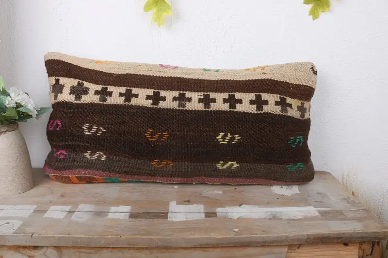 Ethnical Kilim Rug Pillow, Gift Pillow, Handwoven Cushion Cover, Boho Pillow, 12x24 Brown Cushion Cover, Turkish Corner Pillow Sham, Pillow - 2