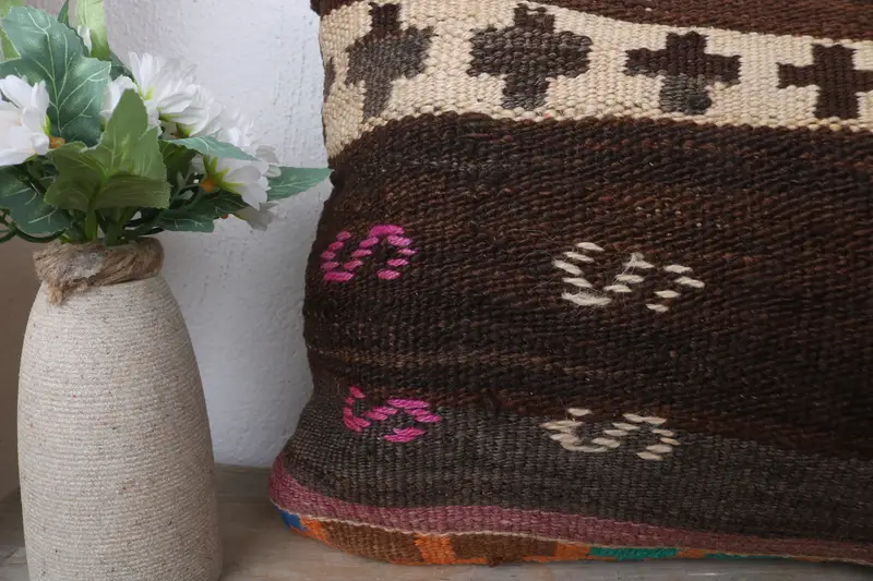 Ethnical Kilim Rug Pillow, Gift Pillow, Handwoven Cushion Cover, Boho Pillow, 12x24 Brown Cushion Cover, Turkish Corner Pillow Sham, Pillow - 3