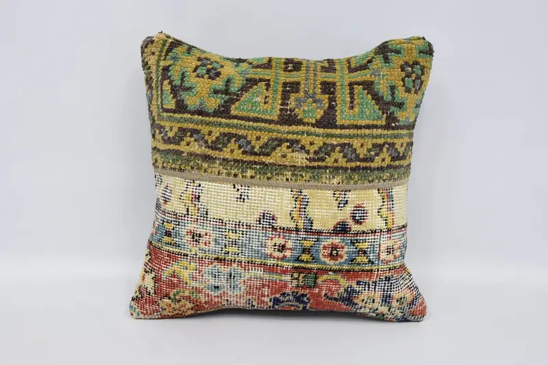 Tapestry Pillow Case, Pillow, Handmade Kilim Cushion, Tribal Pillow Sham, Interior Designer Pillow, Turkish Kilim Pillow, 16x16 Yellow Pillow Cover - 1