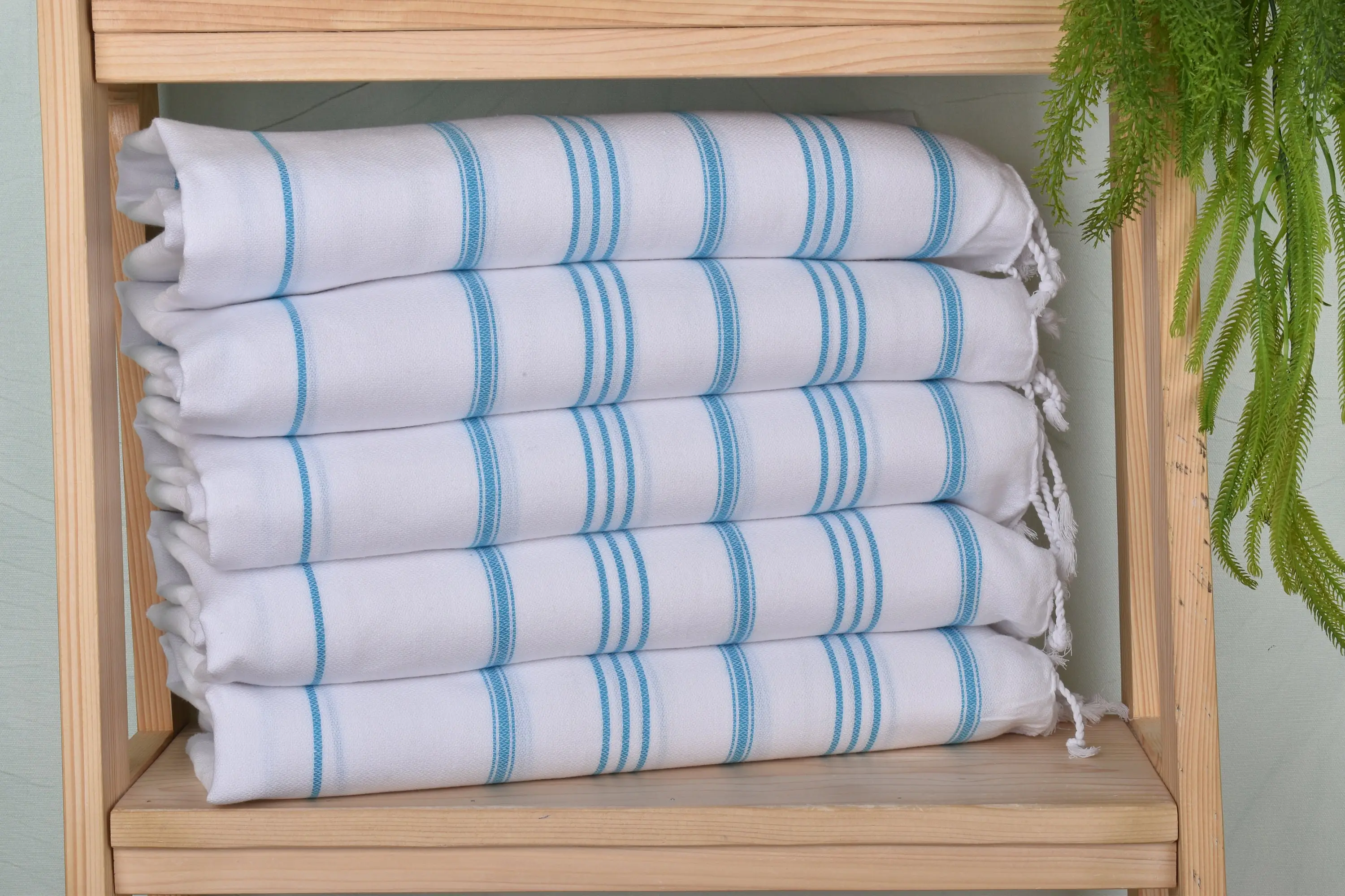Turquoise Cotton Tea Towel Striped Hand Towel, 24x40 Inches - 1