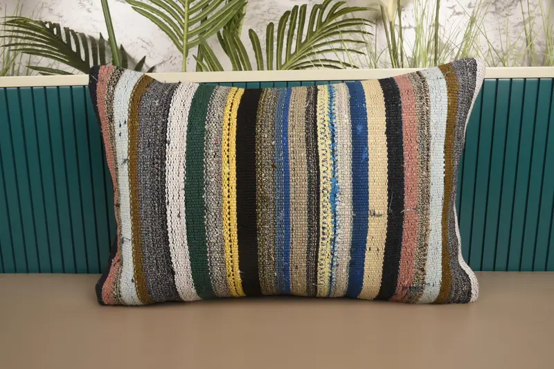 16x24 inch Vintage Cushion Case, Antique Striped Couch Blue Pillowcase - 1
