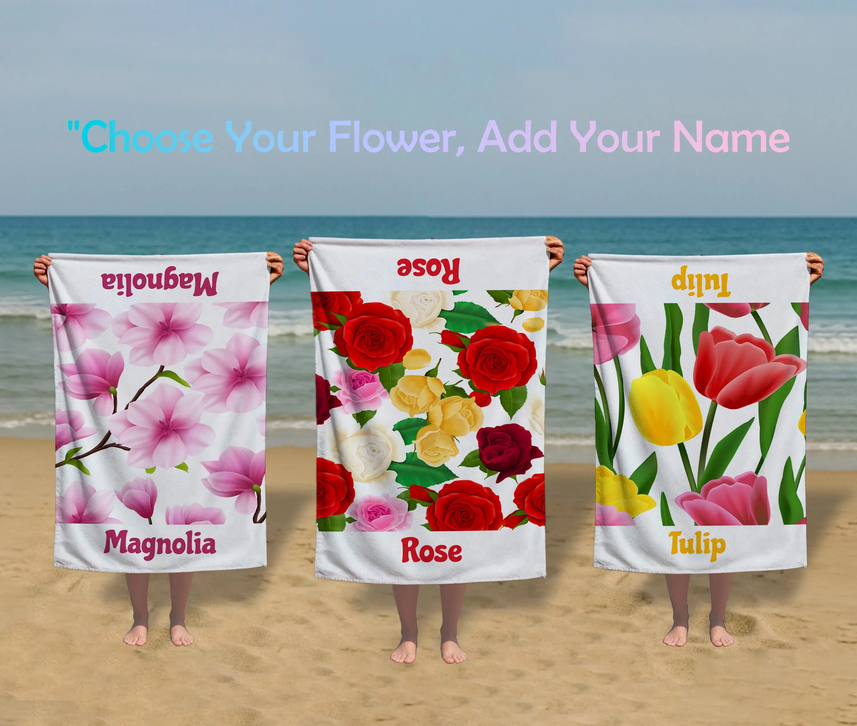 Personalized Beach Towel Organic Cotton Floral Design, 28x53 Inches - 1