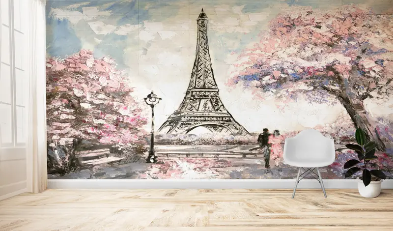 ピンクの葉のエレガントなパリ エッフェル塔の壁紙