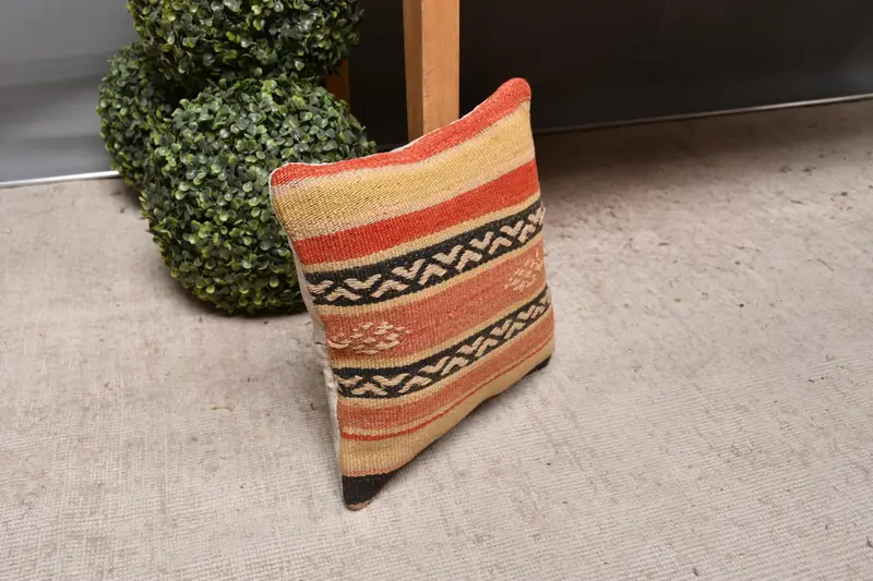 Kilim Cushion Sham, 12x12 Orange Cushion Cover, Natural Pillow, Sustainable Pillow Sham, Ethnical Kilim Rug Pillow, Cushion, Antique Pillows - 7