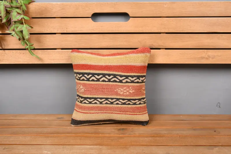 Kilim Cushion Sham, 12x12 Orange Cushion Cover, Natural Pillow, Sustainable Pillow Sham, Ethnical Kilim Rug Pillow, Cushion, Antique Pillows - 6
