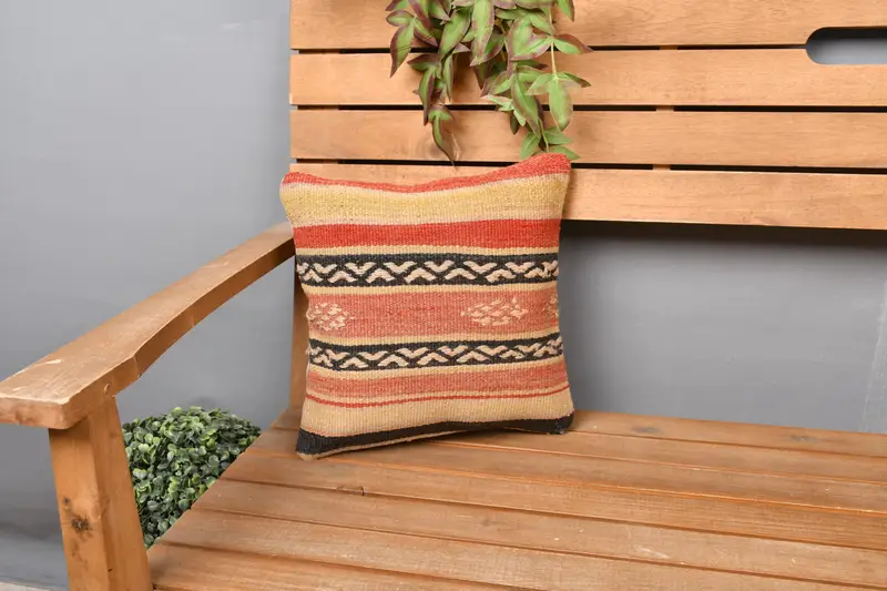 Kilim Cushion Sham, 12x12 Orange Cushion Cover, Natural Pillow, Sustainable Pillow Sham, Ethnical Kilim Rug Pillow, Cushion, Antique Pillows - 1