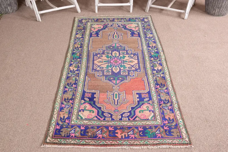 Türk 3.3x6.7 ft Halı, Oushak Vintage Halı, Mavi Çizgili Yün Halı - 1