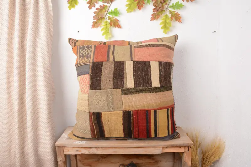 Brown & Beige Patchwork Throw Pillow, 28x28 Embroidered Cushion