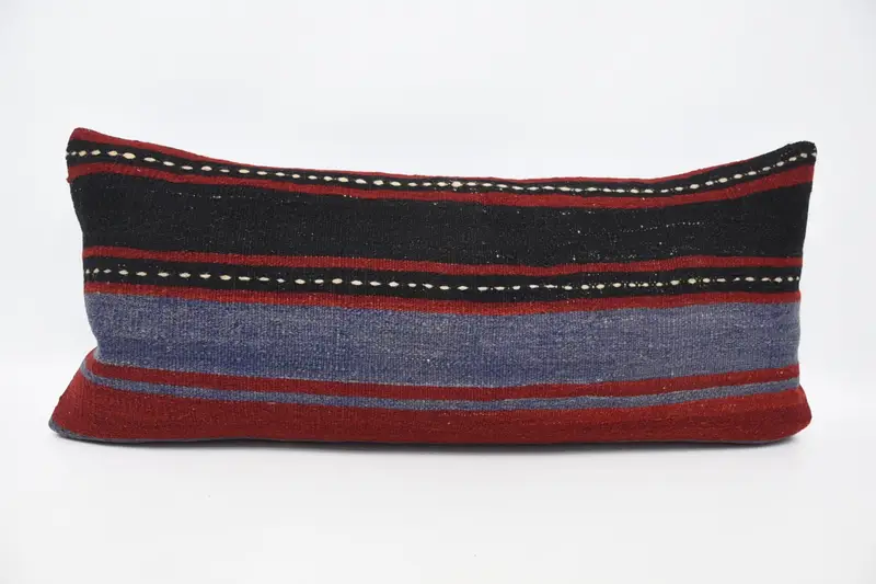 Throw Moroccan Red Cushion Cover, 16x36 inch Striped Wool Cushion Case - 1