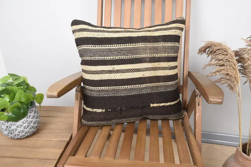 Turkish Brown Handwoven Pillow, Antique Striped 20x20 inch Cushion Cover - 1