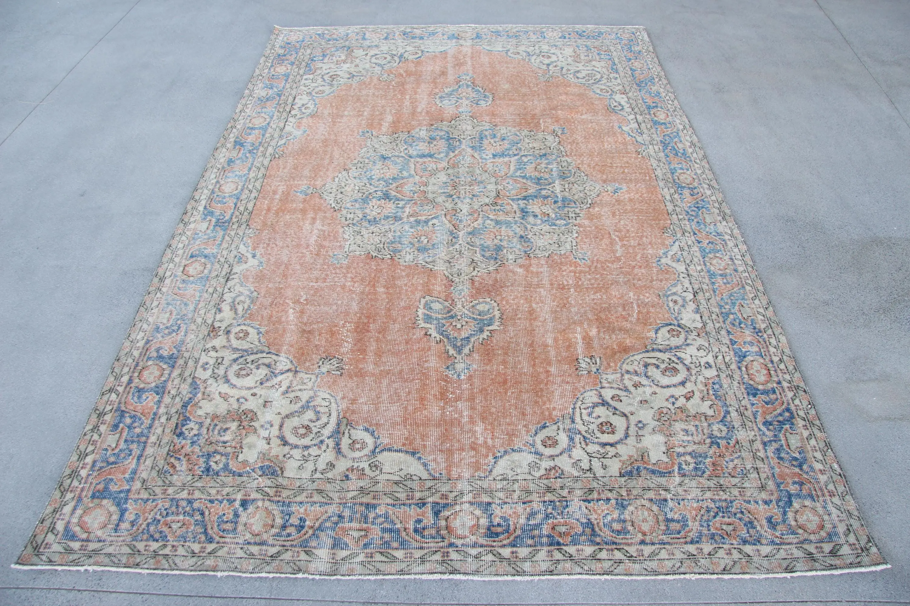 6.8x10.3 ft Vintage Rug, Turkish Oversize Rug, Orange Blue Solid Rug - 1