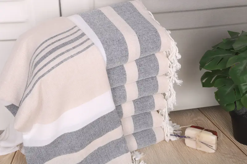 Bridal Shower Favors Striped Towel Beige-Navy Blue Organic Cotton, 70x40 Inches