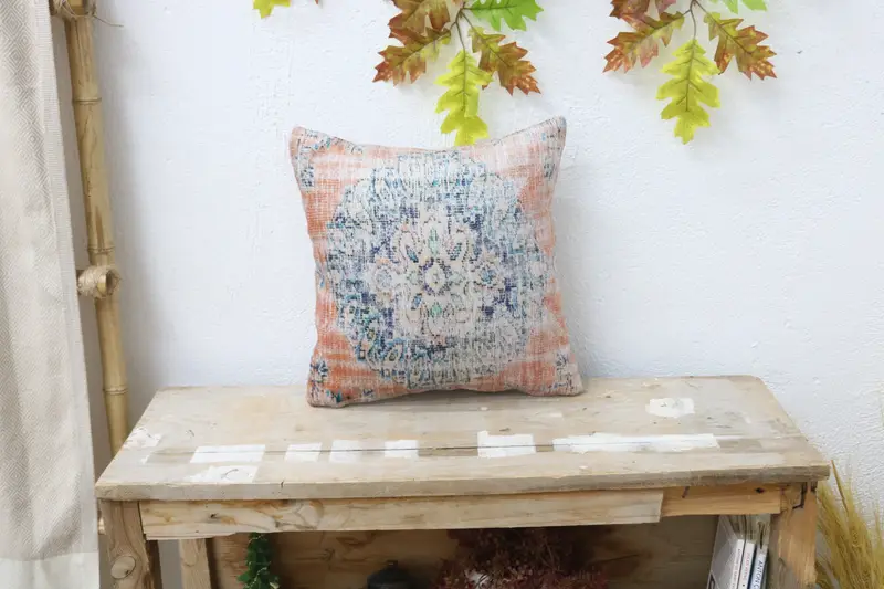 Handmade Blue & Red Embroidered Throw Pillow, Vintage Square Pillow