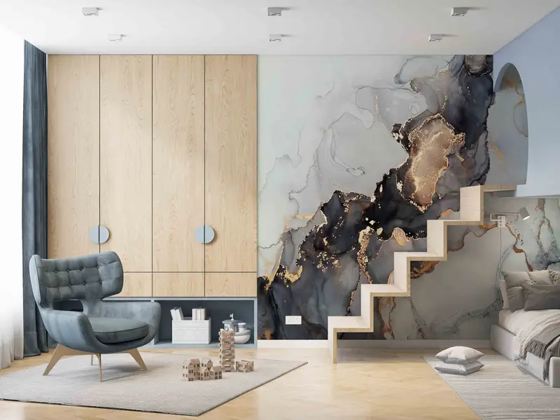 Elegant Black & Gold Printed Wallpaper: Luxury Marble Design