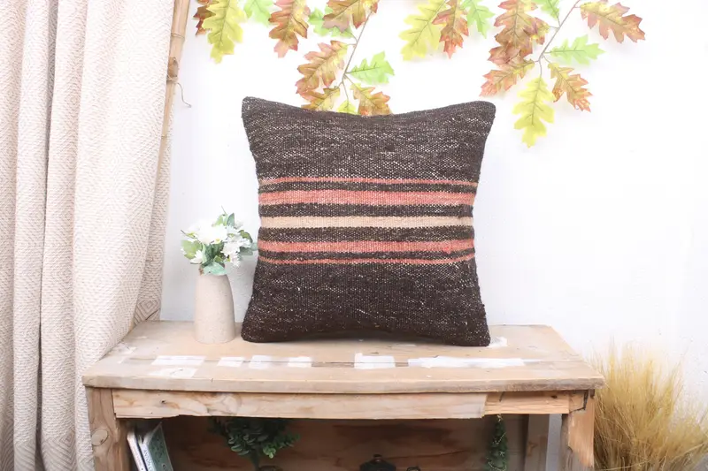 Handmade Rug Seat Pillow Case, Gift Pillow, Vintage Cushion, Home Decor Pillow, 18x18 Brown Cushion Case, Cushion Cover, Antique Pillows - 1