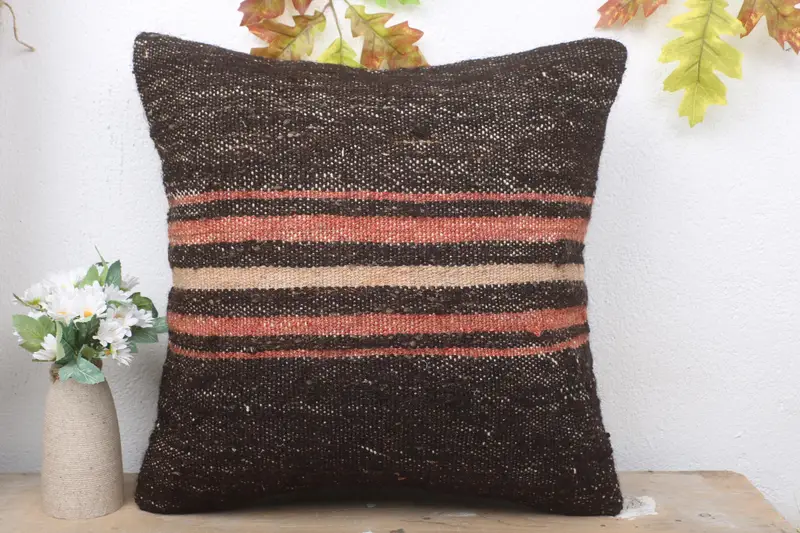 Handmade Rug Seat Pillow Case, Gift Pillow, Vintage Cushion, Home Decor Pillow, 18x18 Brown Cushion Case, Cushion Cover, Antique Pillows - 2