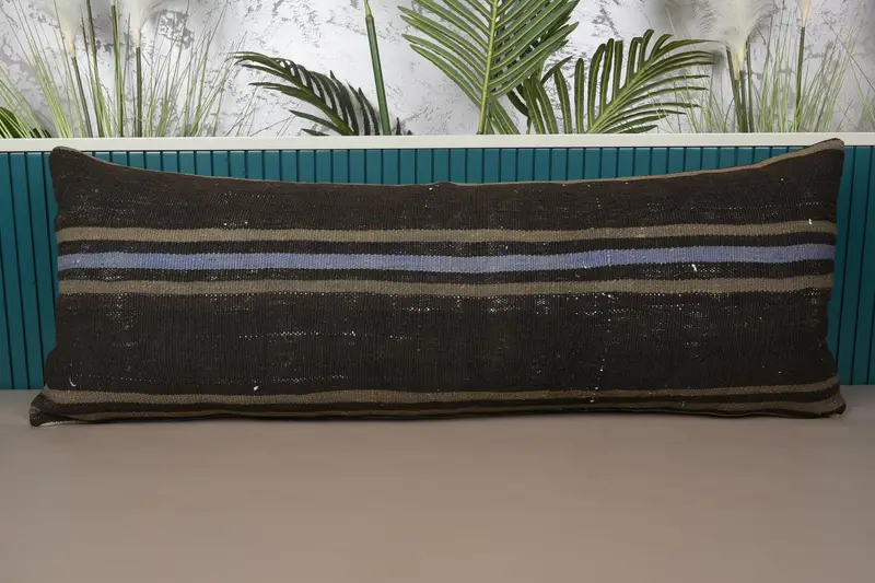 Türk Antika Yastık Sham, 16x42 inç Çizgili Kahverengi Kırlent Kılıfı - 1