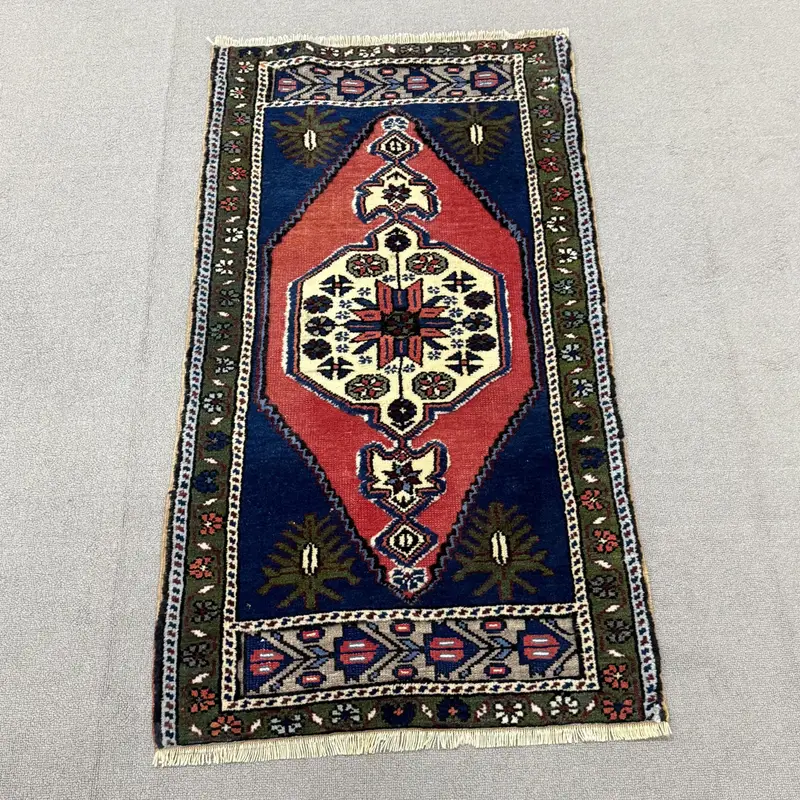 Turkish Small Rug, 1.9x3.6 ft Vintage Rug, Blue Oushak Wool Rug - 1