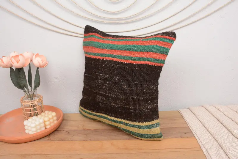 Cushion Cover, Bright Cushion Cover, Turkish Rugs Cushion Cover, Kilim Pillow, Antique Pillows, 18x18 Brown Pillow Sham, Turkish Pillow - 4