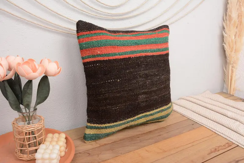Cushion Cover, Bright Cushion Cover, Turkish Rugs Cushion Cover, Kilim Pillow, Antique Pillows, 18x18 Brown Pillow Sham, Turkish Pillow - 1