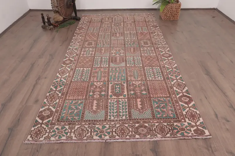 Turkish Large Rug 4.7x9.8 ft, Vintage Oushak Brown Polka dot Wool Rug - 1