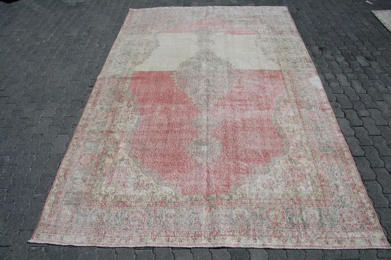 7.2x10.9 ft Rug, Turkish Vintage Oversize Rug, Red Oushak Wool Rug - 1
