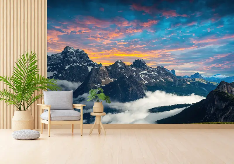 Bedruckte Tapete: Sonnenuntergang in den Dolomiten, italienische Landschaft