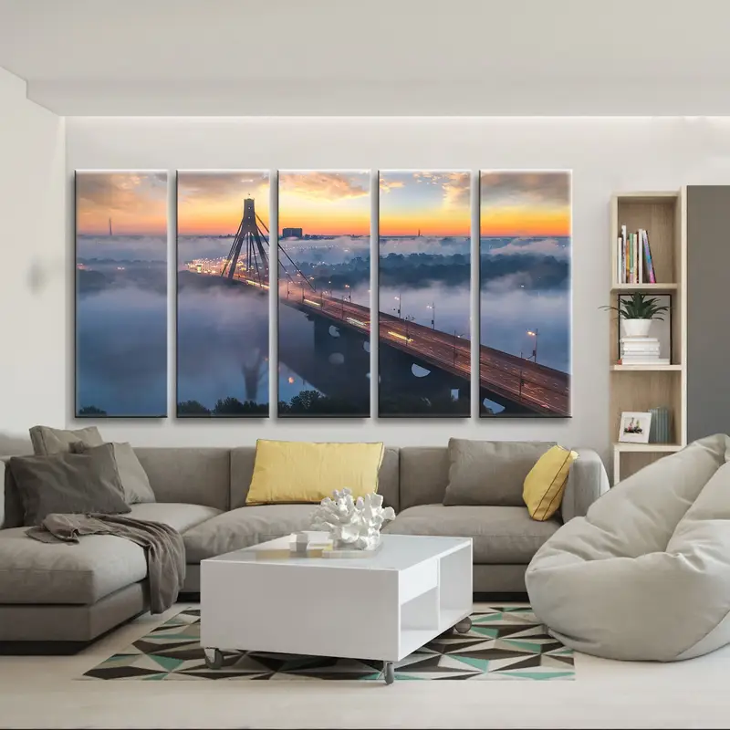 Ukraine Kiev Bridge Canvas Wall Art, City scape Sunset Bridge Artwork, City in Fog Poster Print, Extra Large Canvas Art,Modern Wall Art, - 7