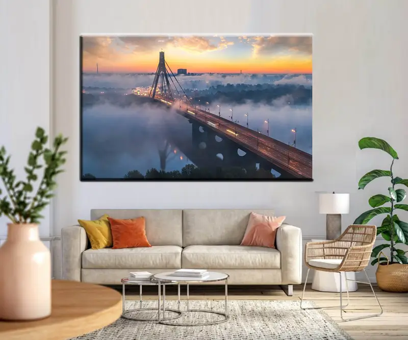 Ukraine Kiev Bridge Canvas Wall Art, City scape Sunset Bridge Artwork, City in Fog Poster Print, Extra Large Canvas Art,Modern Wall Art, - 6
