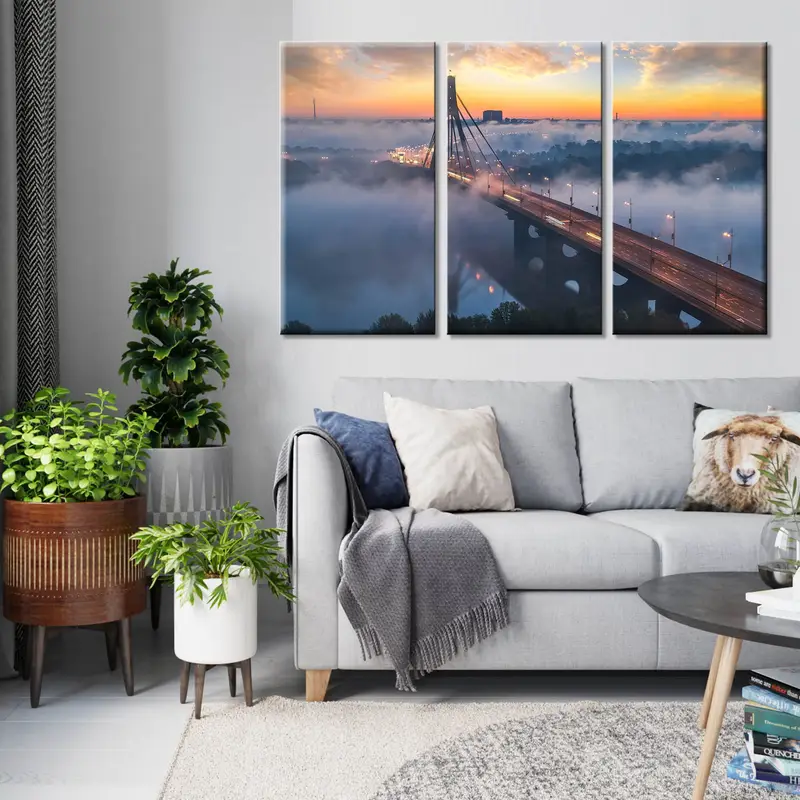 Ukraine Kiev Bridge Canvas Wall Art, City scape Sunset Bridge Artwork, City in Fog Poster Print, Extra Large Canvas Art,Modern Wall Art, - 2