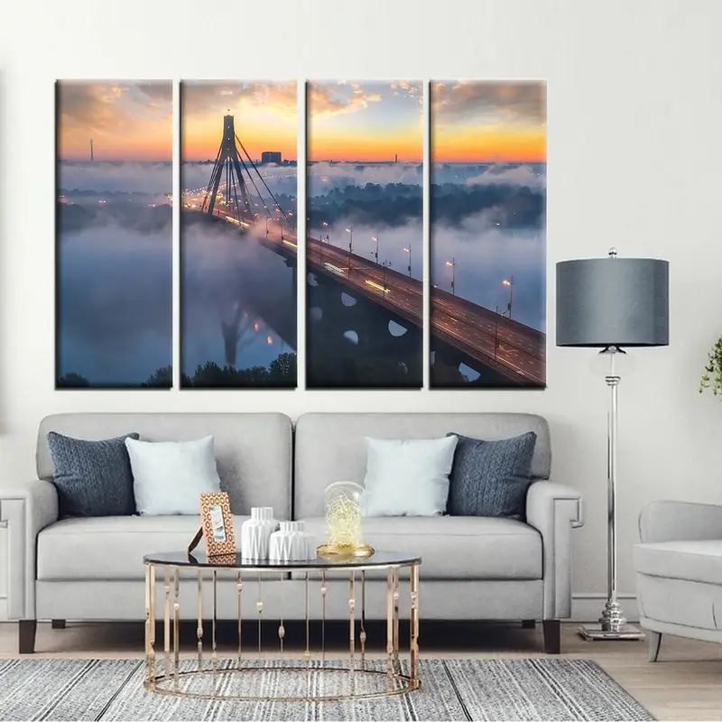 Ukraine Kiev Bridge Canvas Wall Art, City scape Sunset Bridge Artwork, City in Fog Poster Print, Extra Large Canvas Art,Modern Wall Art, - 3