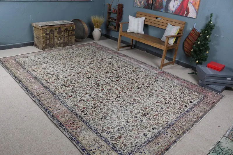 Zarif Bej ve Mavi Halı, 7,7x10,6 ft Çiçek ve Geometrik