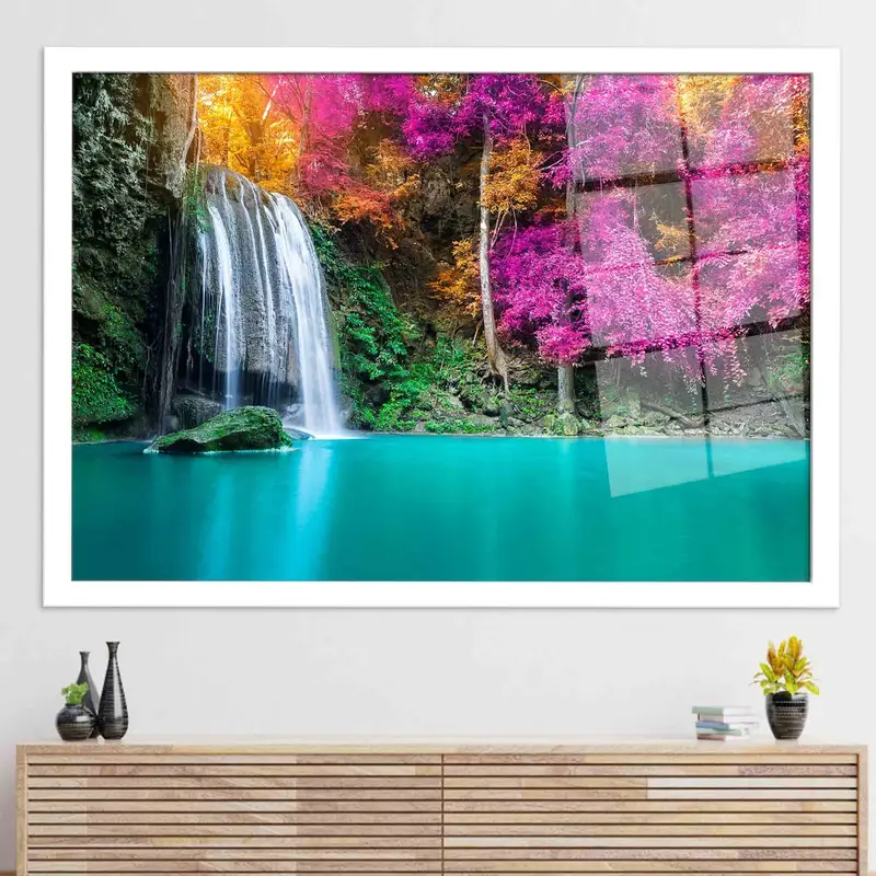 Elegant Printed Glass: Purple Trees, Waterfall, Blue Lake View