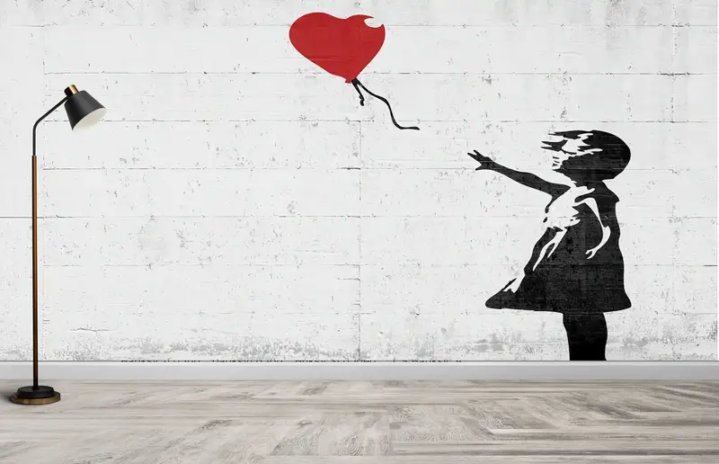 Baskılı Çağdaş Graffiti Duvar Kağıdı: Kalp Balonlu Banksy Kızı