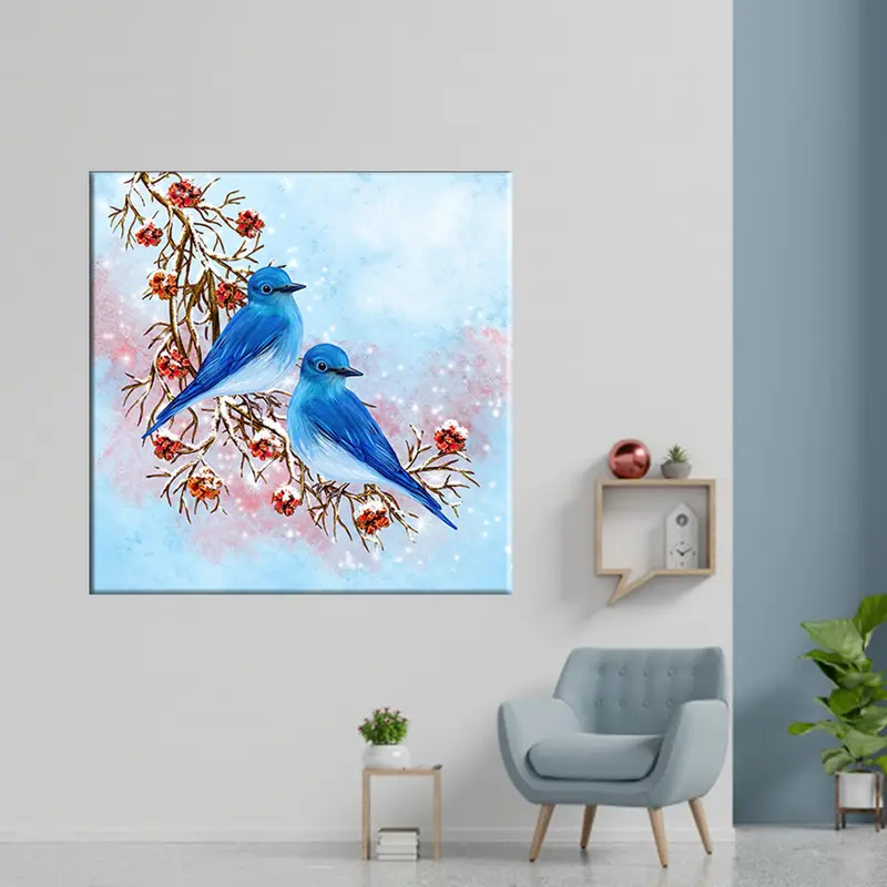 Blue Birds Canvas, 2 Birds on Branch Wall Art, Snow Landscape Canvas, Love Birds Blue Canvas, Blue Bird Painting, Watercolor Painting Art, - 4