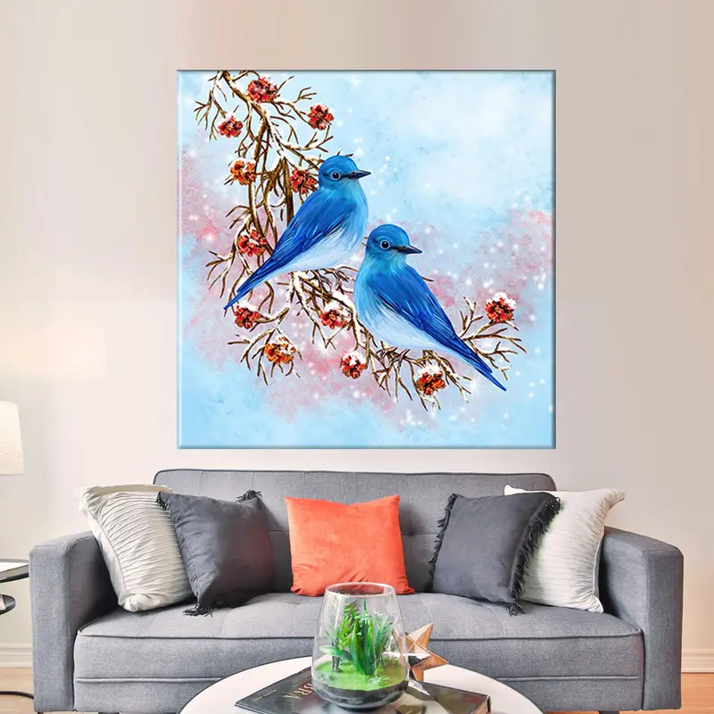Blue Birds Canvas, 2 Birds on Branch Wall Art, Snow Landscape Canvas, Love Birds Blue Canvas, Blue Bird Painting, Watercolor Painting Art, - 2