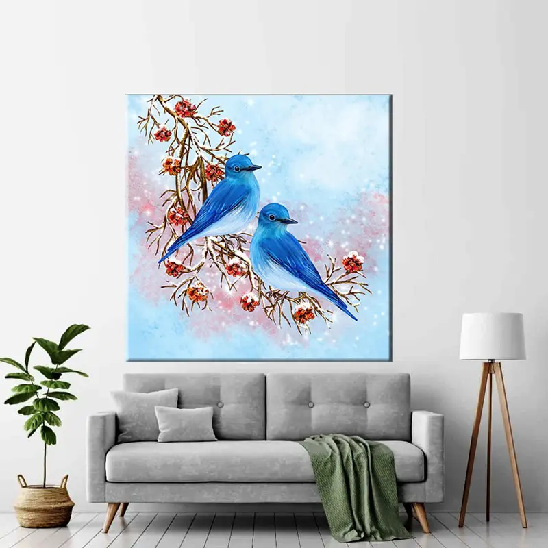 Blue Birds Canvas, 2 Birds on Branch Wall Art, Snow Landscape Canvas, Love Birds Blue Canvas, Blue Bird Painting, Watercolor Painting Art, - 1