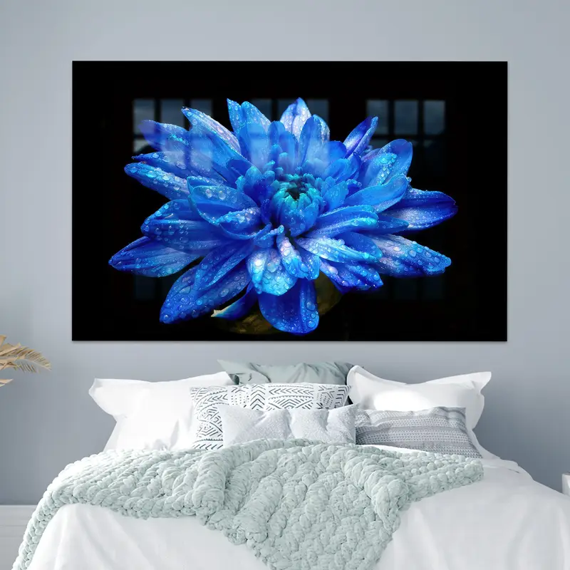 モダンでラグジュアリーなプリントガラス: ブルーフラワー&ブラックデザイン