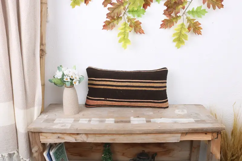 Vintage Kilim Pillow, Anatolian Pillow Cover, Bohemian Cushion Cushion Case, Pillow, Turkish Pillow, 8x16 Brown Pillow, Kilim Pillow Cover - 1